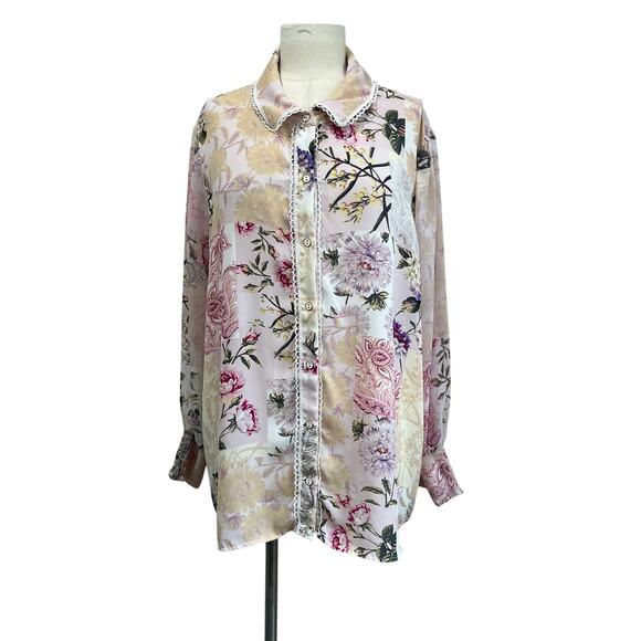 Cynthia Rowley Plus 2X Floral Button Shirt Cottagecore Lace Trim Blouse Top - Picture 1 of 10